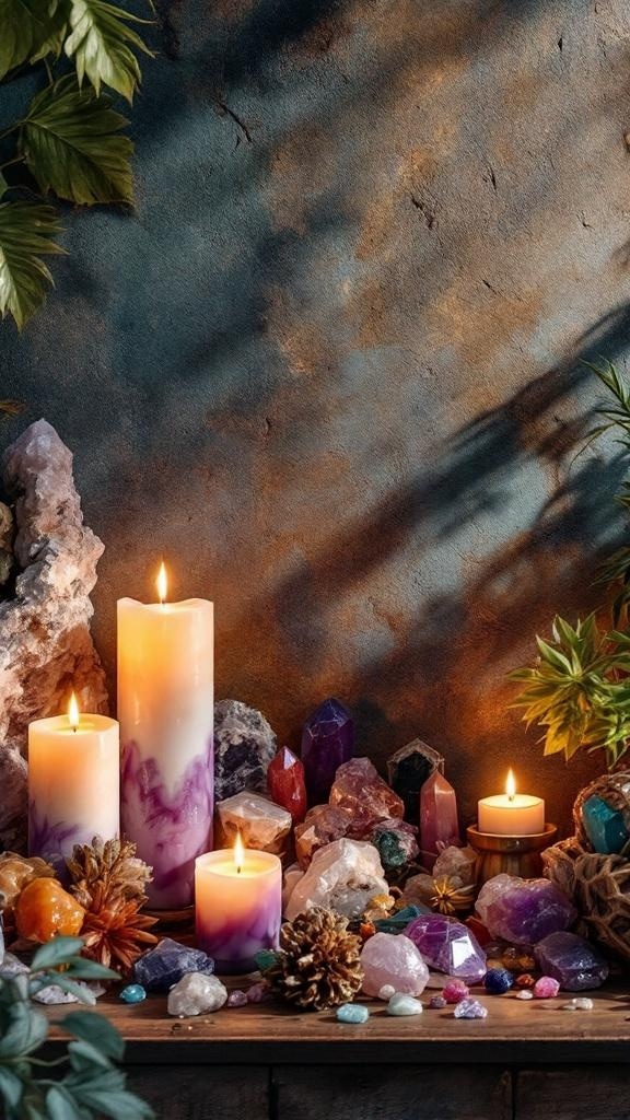 A collection of candles and crystals arranged on a wooden surface, creating a warm and inviting atmosphere.