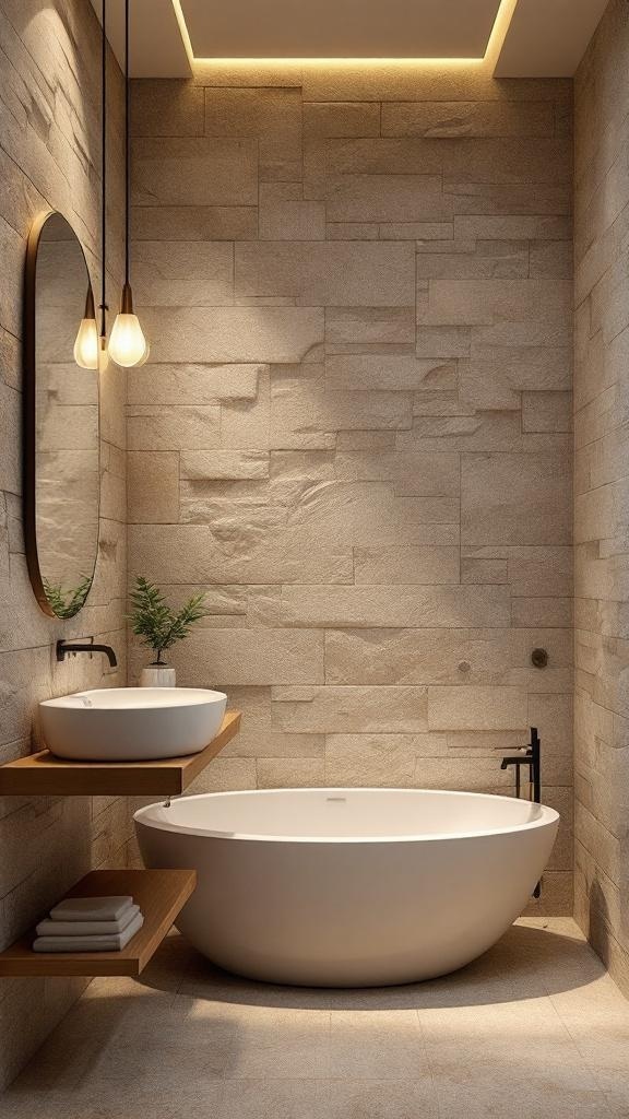 A spa-inspired bathroom featuring a natural stone wall, a round bathtub, and a wooden shelf with a sink.