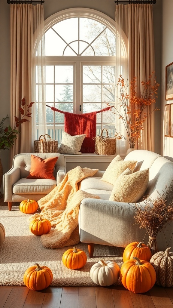 A cozy living room with pumpkins and warm decor, featuring comfortable seating.