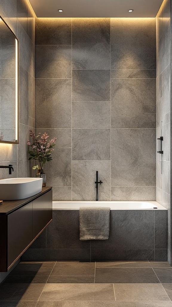 Modern bathroom with warm gray tiles, sleek fixtures, and soft lighting.