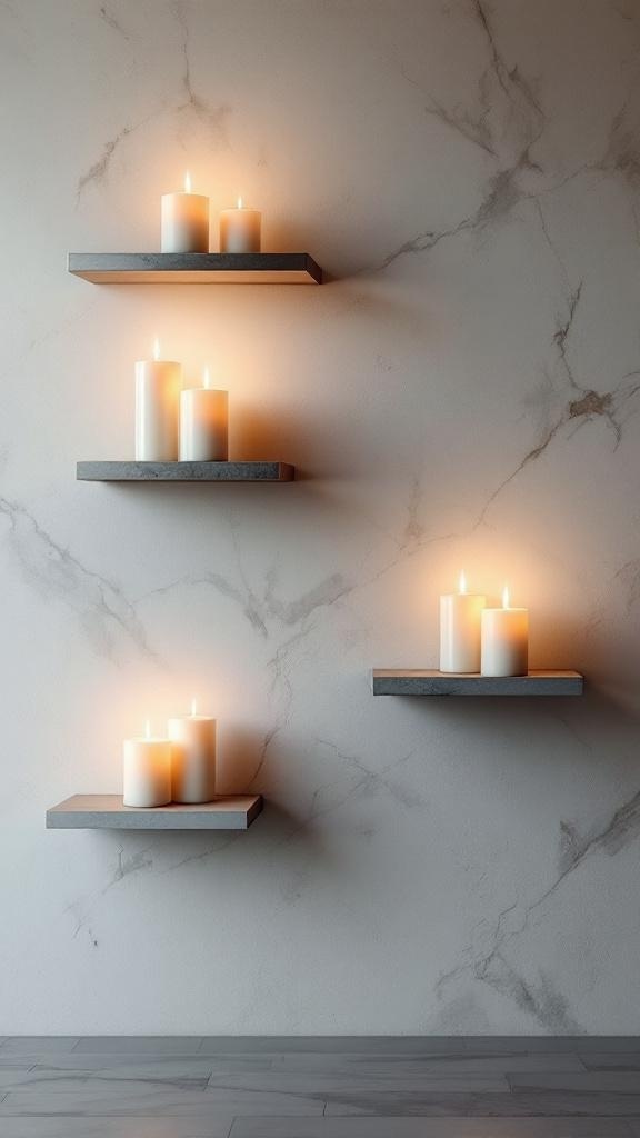 Floating candle display on shelves against a marble wall.