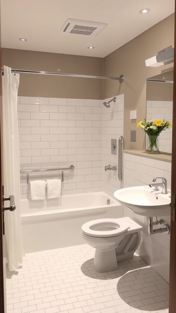 A modern bathroom with marble flooring, white tile walls, and accessible features.