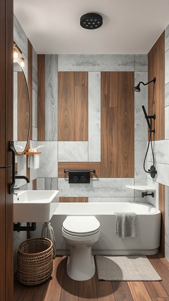 A modern bathroom featuring a mix of marble flooring and wood accents, with stylish decor elements.