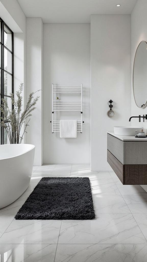 A dark textured rug placed in a modern bathroom with a white bathtub and marble floor.