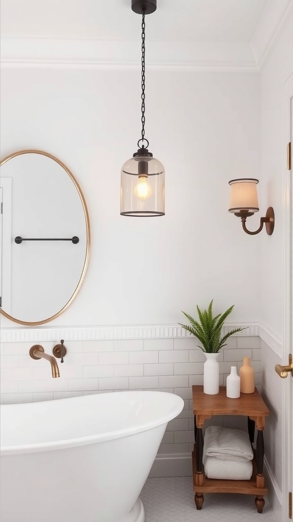 Modern bathroom with elegant lighting fixtures including a pendant light and wall sconce.