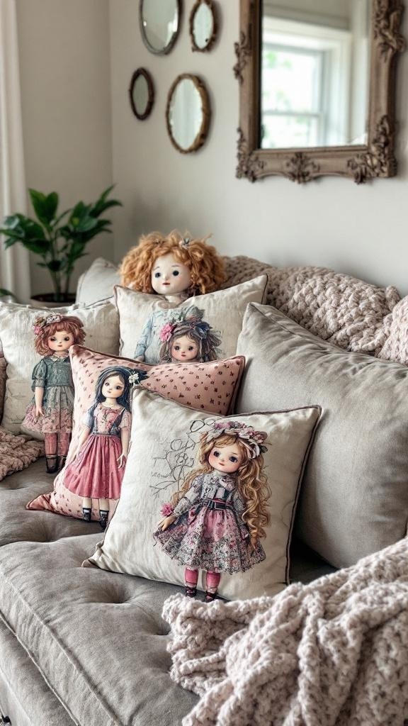 A cozy living room with doll-themed throw pillows on a sofa, featuring various doll designs.