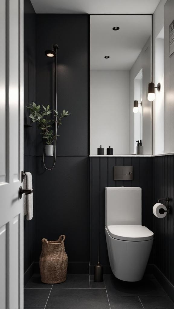 A modern bathroom with deep charcoal walls, featuring a white toilet and stylish lighting.