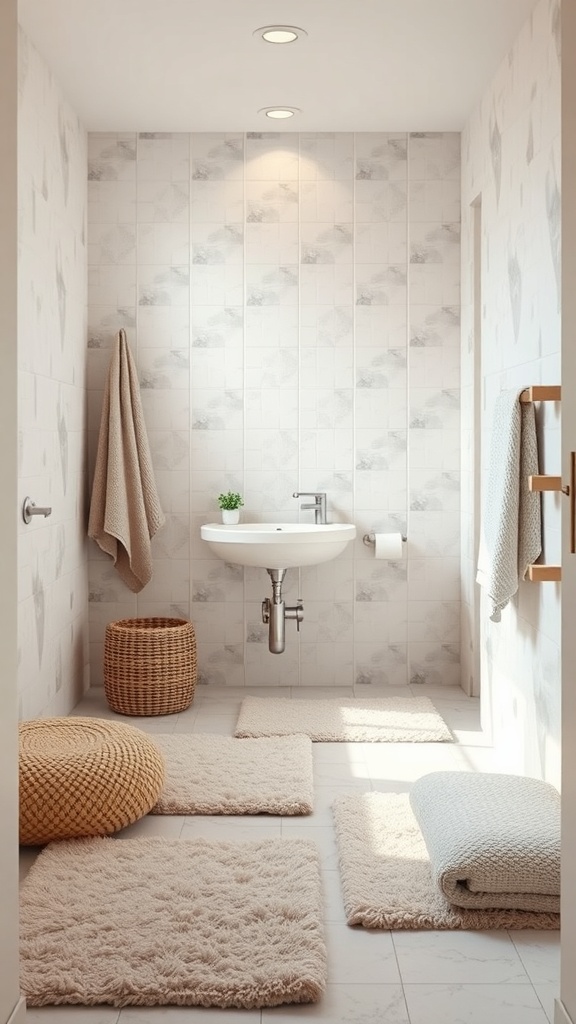 A modern bathroom with soft textiles, including rugs and towels, creating a cozy atmosphere.