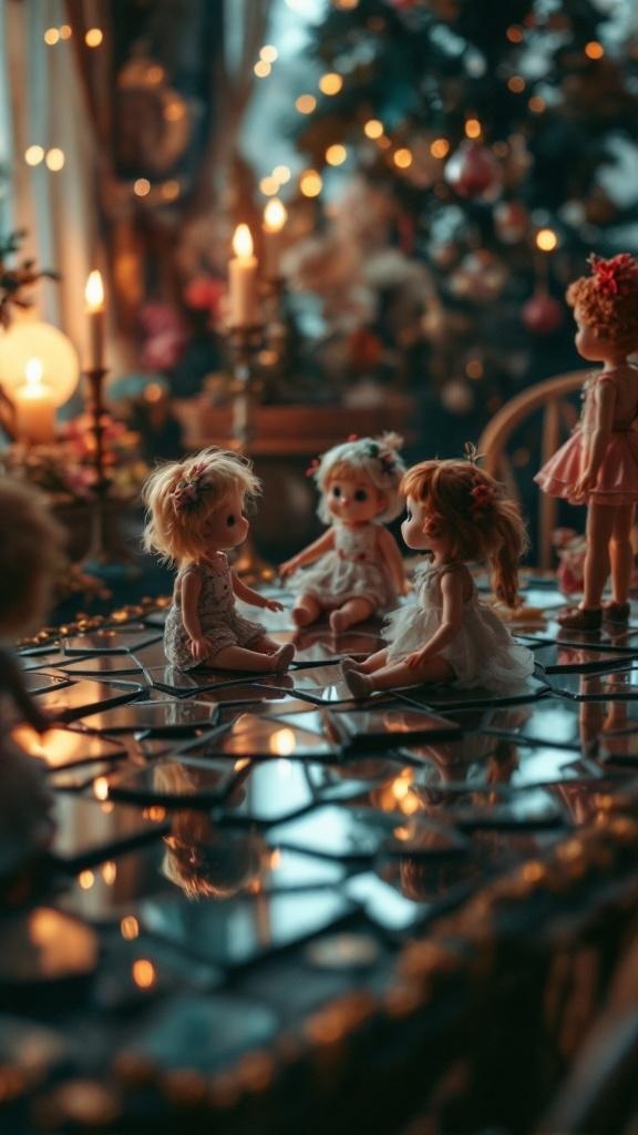 A broken mirror tabletop with thrifted dolls and candles, creating a whimsical decor.