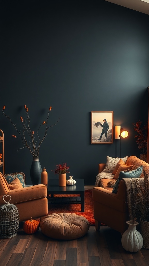 A cozy living room with dark walls and warm autumn decor.