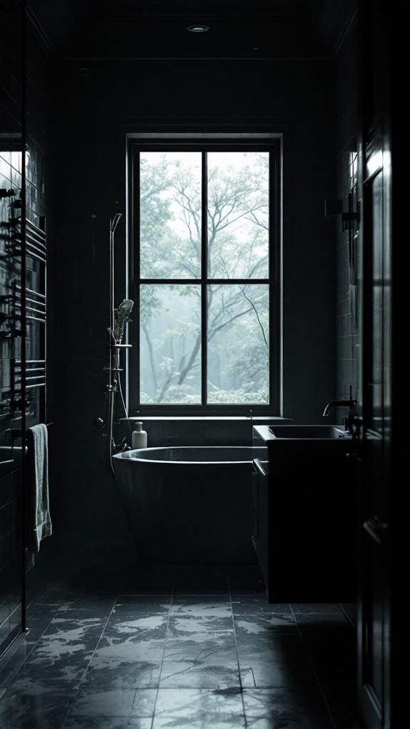 A dark bathroom featuring black framed windows with a view of trees outside.