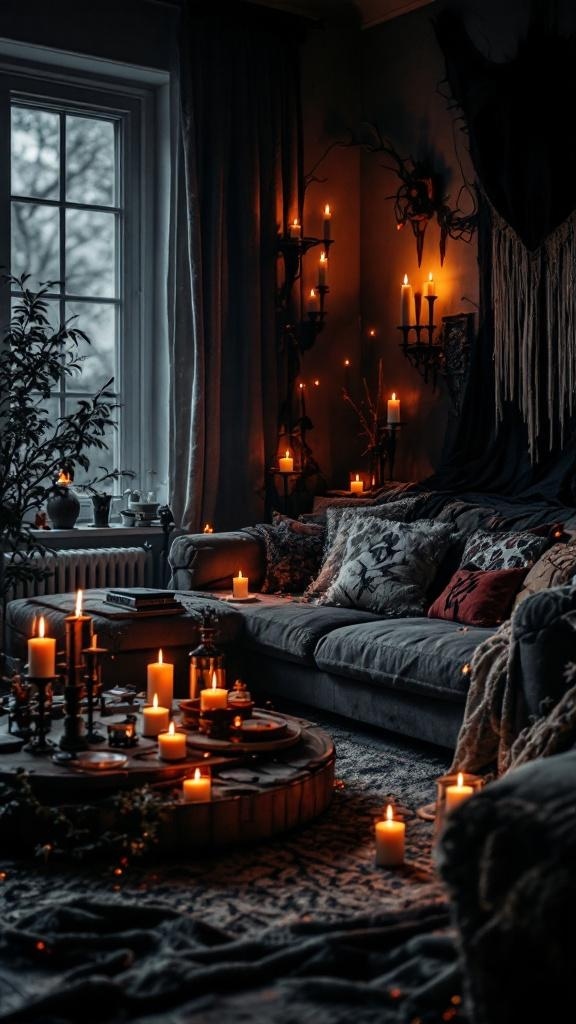 A dimly lit living room with candles illuminating the space, featuring a cozy sofa and decorative elements.