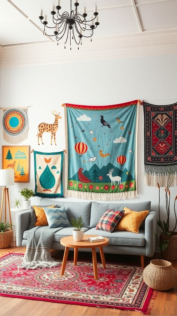 A cozy living room with various whimsical wall hangings, including colorful tapestries and framed art.