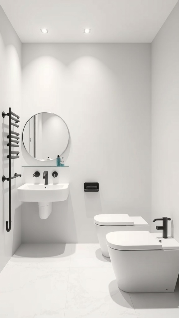 A modern bathroom with a monochromatic color scheme featuring white walls, a round mirror, and minimalist fixtures.