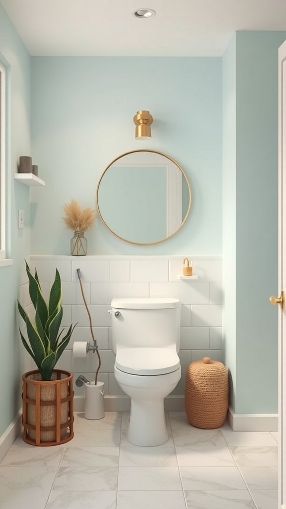 A modern bathroom with soft blue walls, a round mirror, and a plant, creating a serene atmosphere.