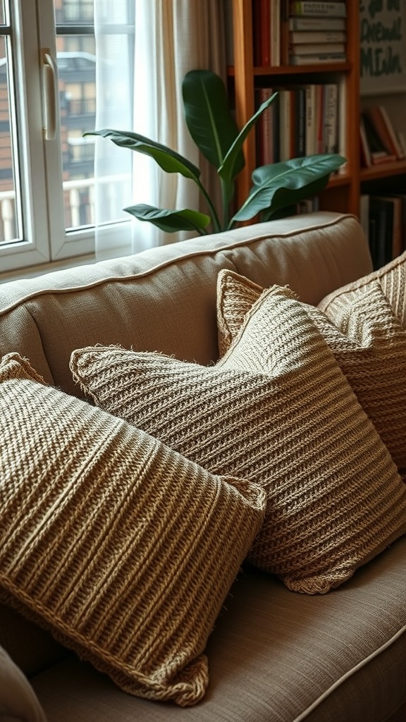 Cozy living room with textured pillows on a sofa