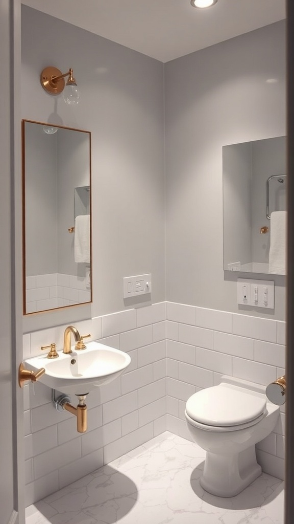 A modern bathroom featuring two mirrors, one with a gold frame, and stylish fixtures.