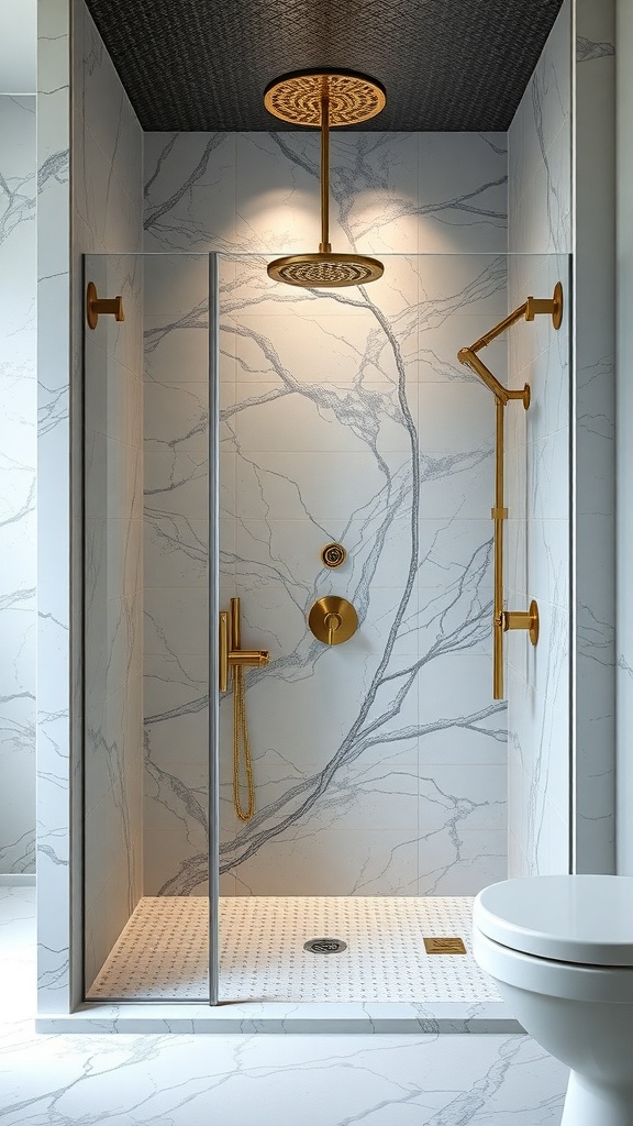 A modern shower design featuring marble tiles and gold fixtures.