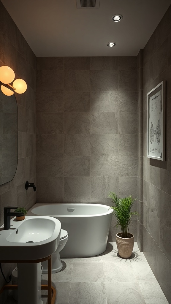 Modern bathroom with layered lighting and a plant.