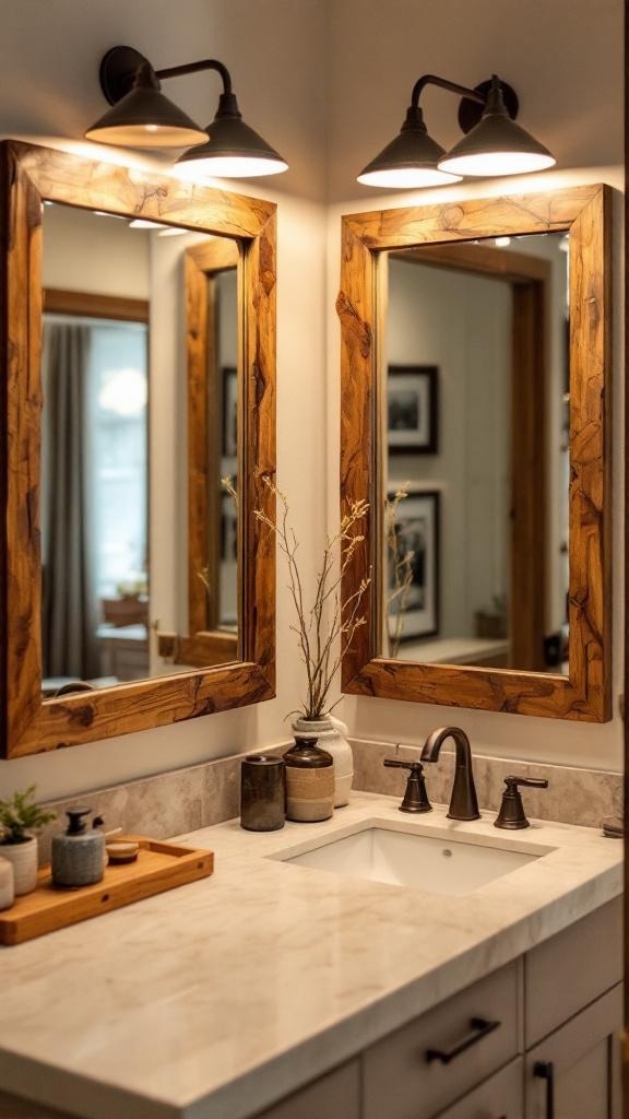 A bathroom featuring rustic mirrors with wooden frames, soft lighting, and a warm color palette.