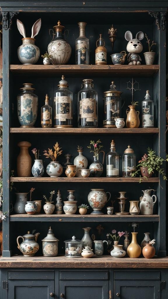 A shelf filled with various vintage vases, jars, and decorative items, showcasing a mix of colors and styles.