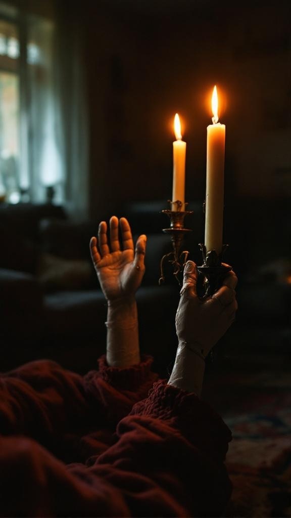 Candle holders made from doll hands holding candles, creating a unique decor piece.