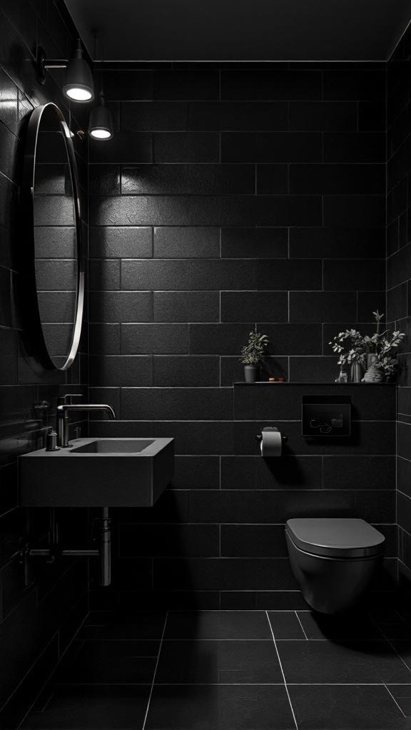 A dark bathroom featuring black tiles, a round mirror, and minimal decor.