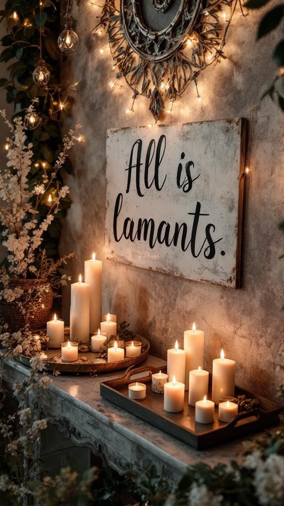 A beautifully arranged living room altar with multiple candles on decorative trays, surrounded by flowers and soft lighting.