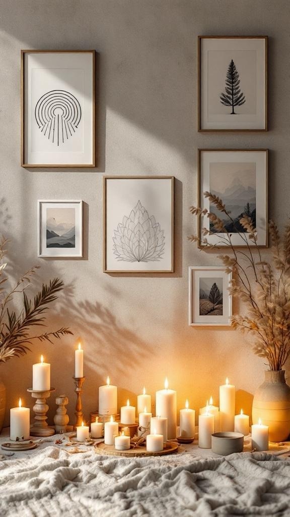 A living room altar wall featuring various candles and framed artwork.