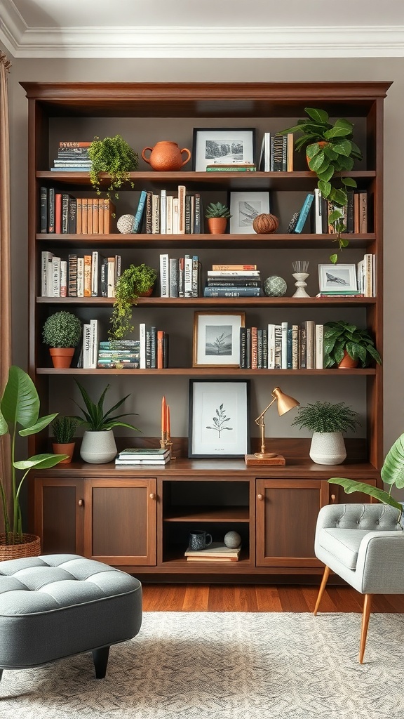 A cozy living room bookshelf filled with books, plants, and decorative items.
