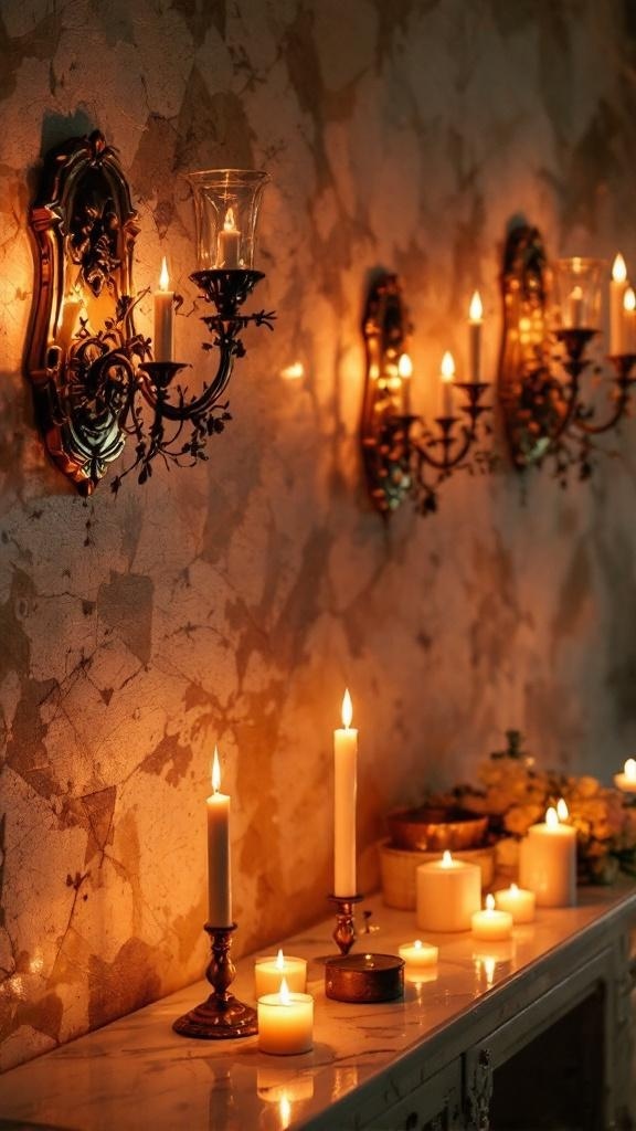 A wall adorned with elegant wall sconces and various candles, creating a cozy atmosphere.