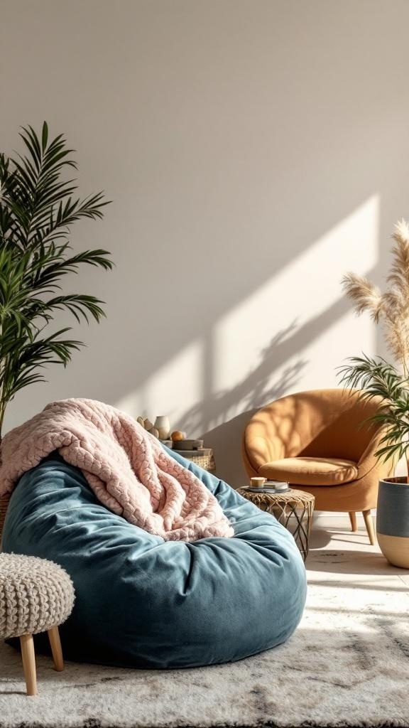 A cozy living room featuring a velvet bean bag and an armchair, surrounded by plants.