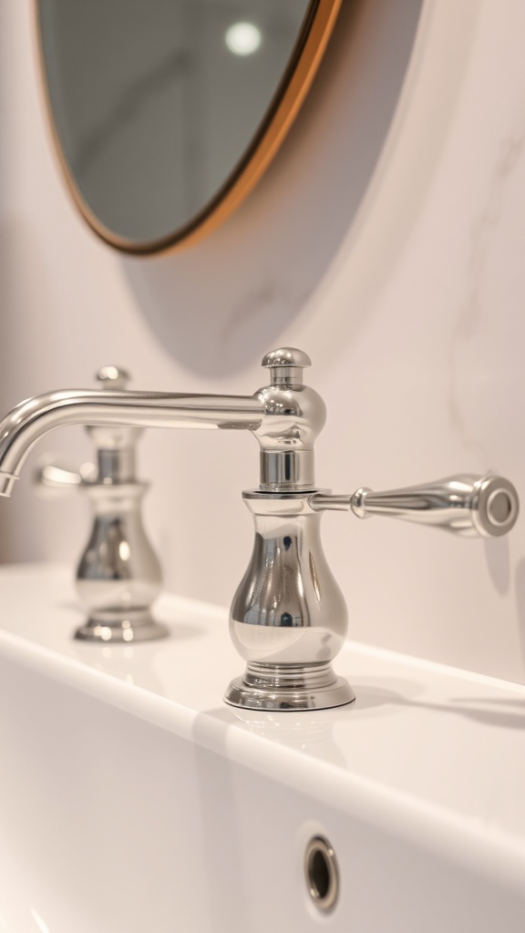 Close-up of stylish bathroom faucets with a modern design.