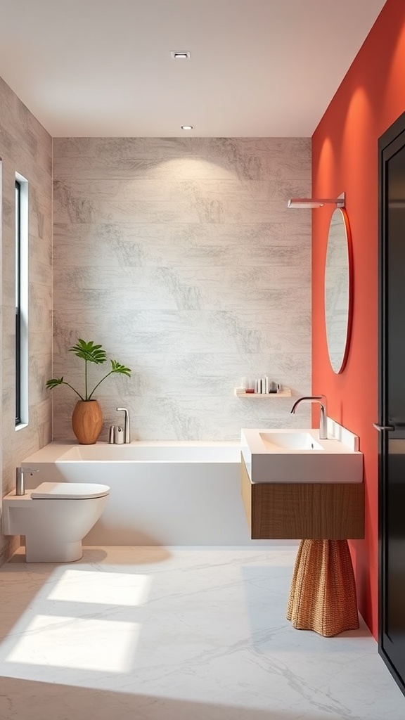 Modern bathroom with bold red accent wall and stylish fixtures.