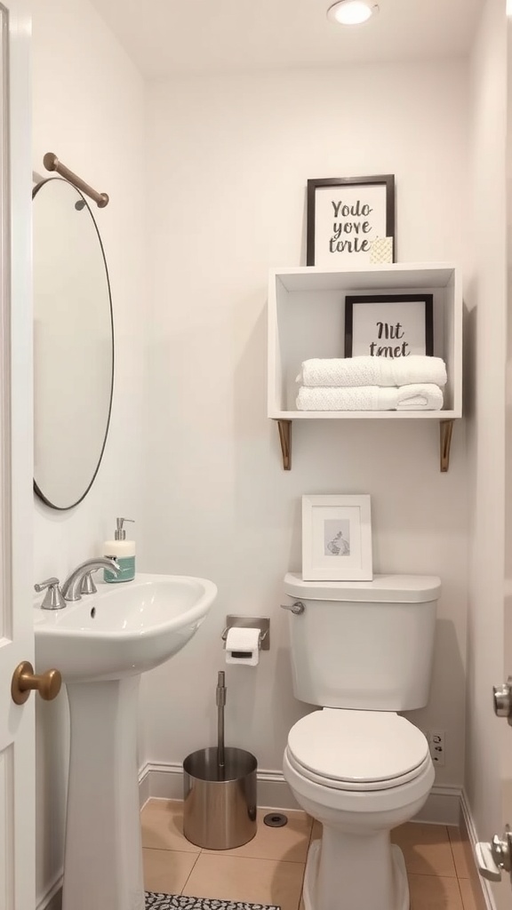 Modern bathroom with open shelving displaying towels and framed art.