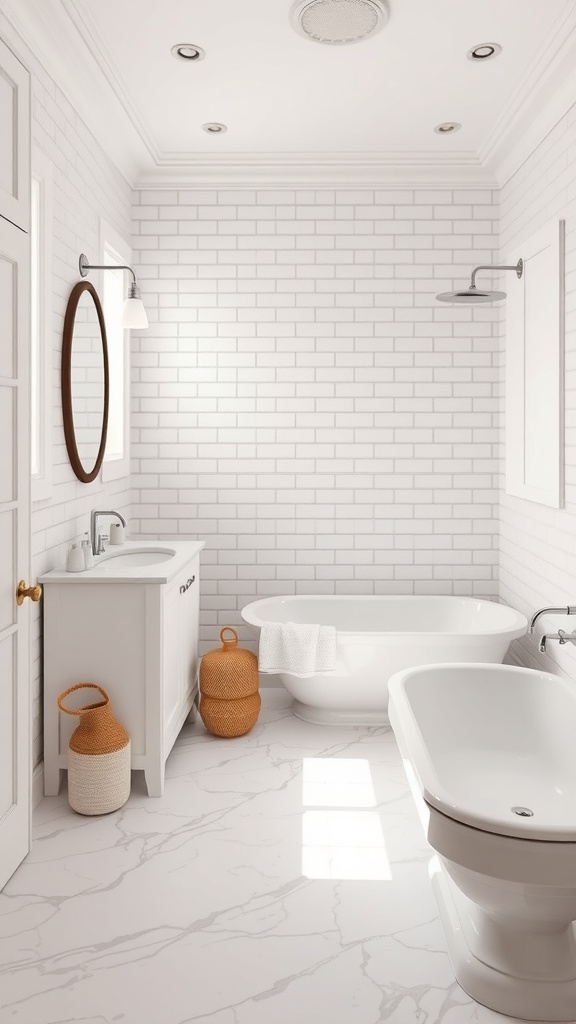 A stylish bathroom featuring white tile walls, marble flooring, and decorative accents.