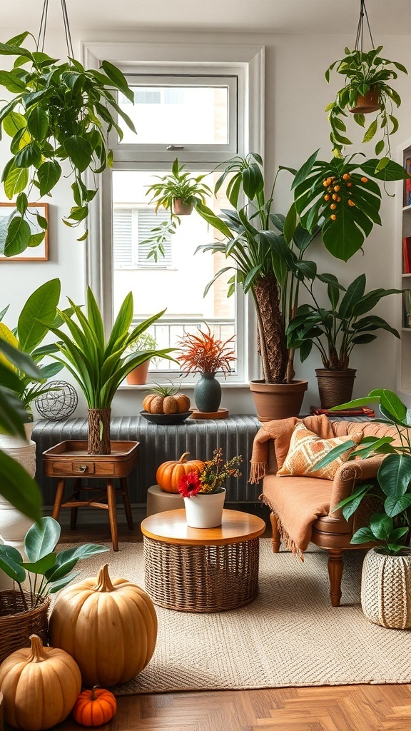 Cozy living room with indoor plants and autumn decor.