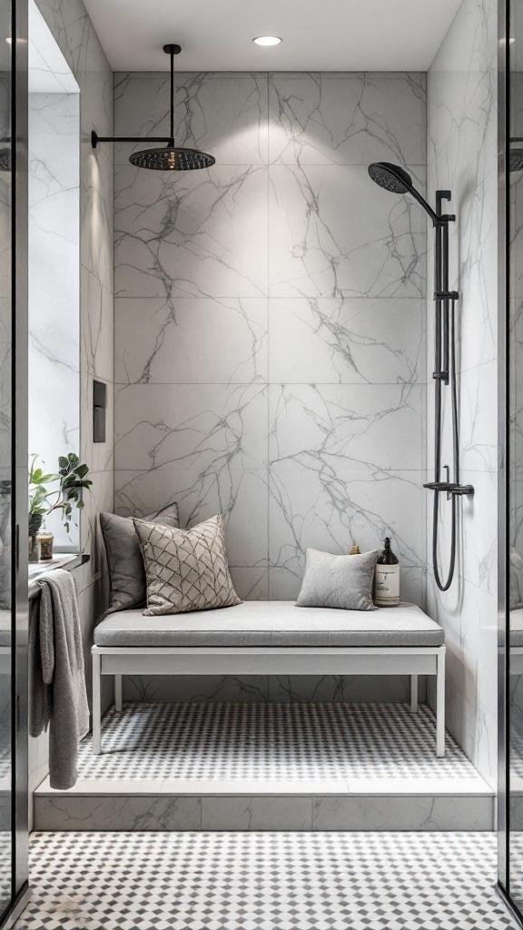 Stylish grey and white shower bench in a modern bathroom setting