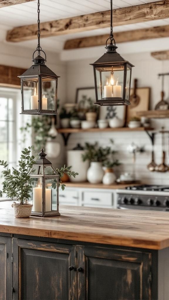 Rustic farmhouse kitchen with lantern chandeliers and wooden accents.