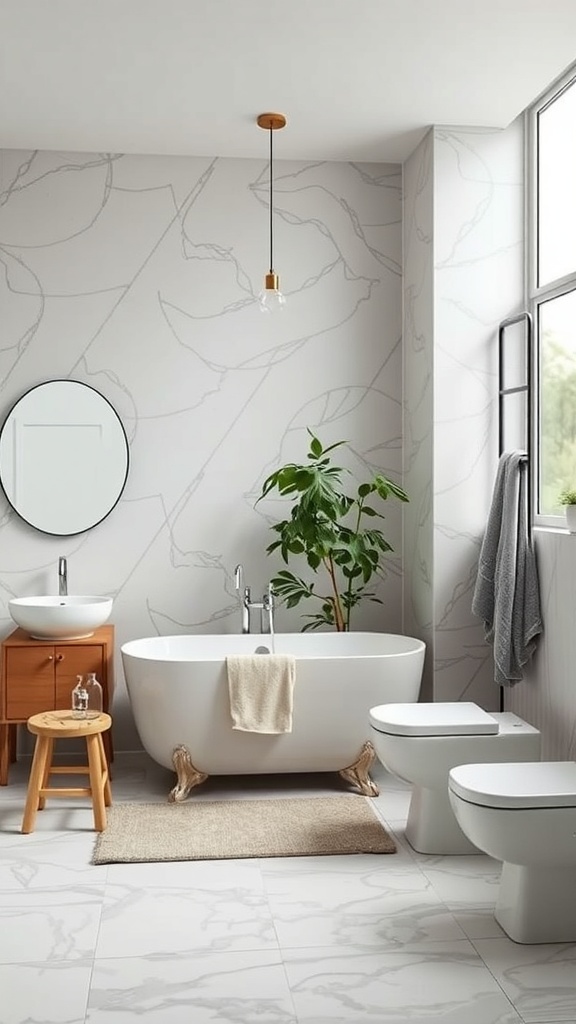 A modern bathroom with marble flooring, white tile walls, a freestanding bathtub, and decorative accents.