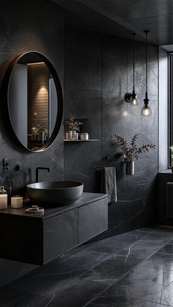 A dark bathroom featuring textured finishes with a round mirror, pendant lights, and a stylish sink.