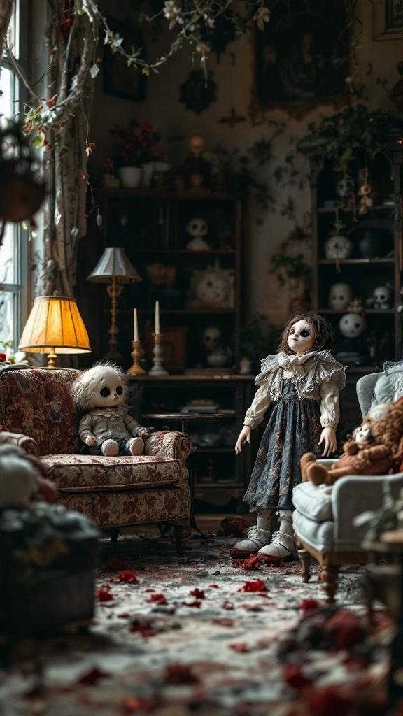 A cozy living room with thrifted dolls and broken mirrors, creating a witchy atmosphere.