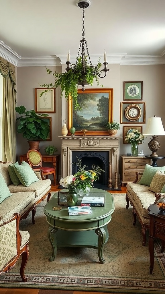A vintage green living room featuring an olive green sofa, light-colored armchairs, a green coffee table, and various decorative elements including plants and artwork.