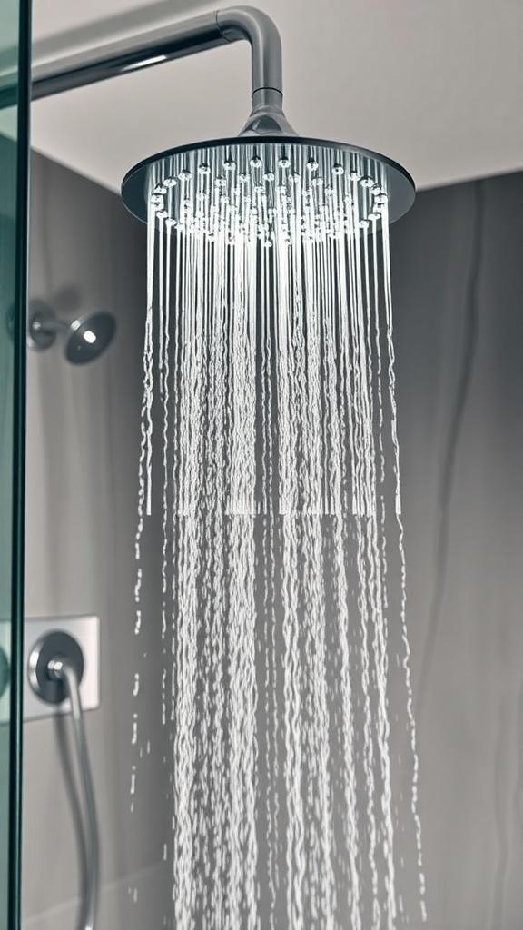 Modern showerhead with water flowing in a sleek bathroom setting.