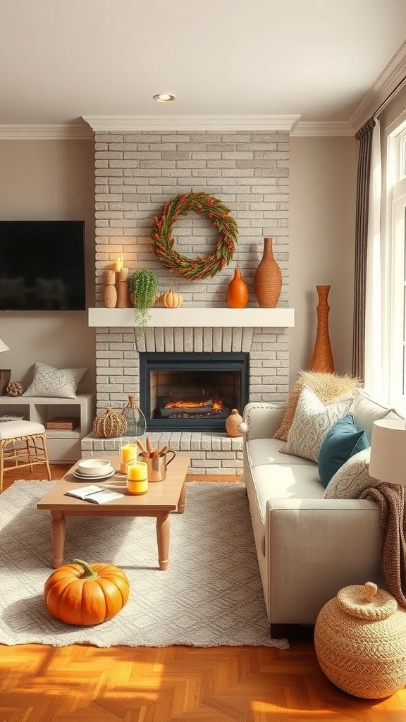 Cozy living room with seasonal decor including a pumpkin and a wreath.