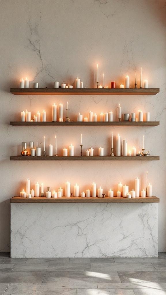 A beautifully arranged shelf display with numerous candles of various sizes and styles, creating a warm and inviting atmosphere.