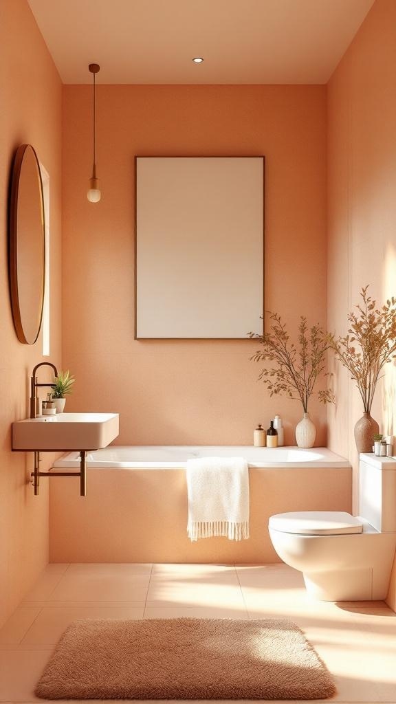 A bathroom with warm peach walls, a round mirror, and natural decor.