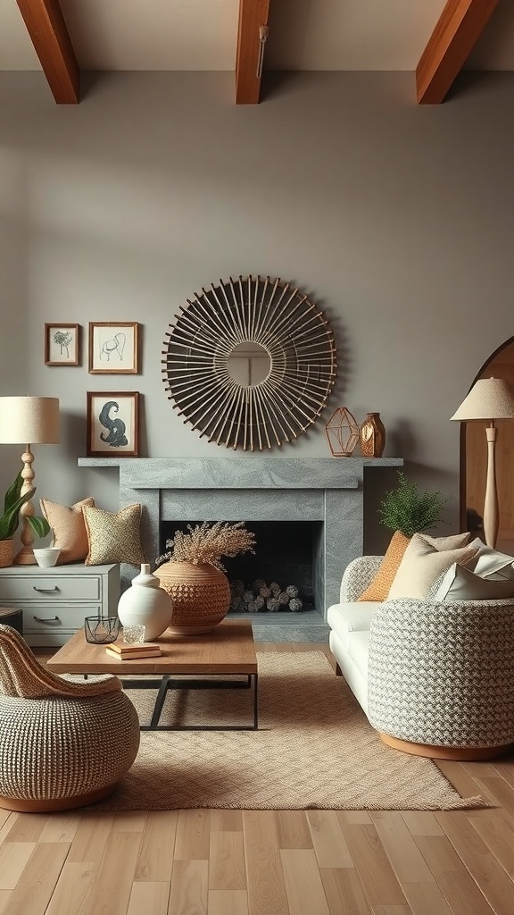 A cozy living room featuring artisan craftsmanship with woven bean bags and textured pillows.