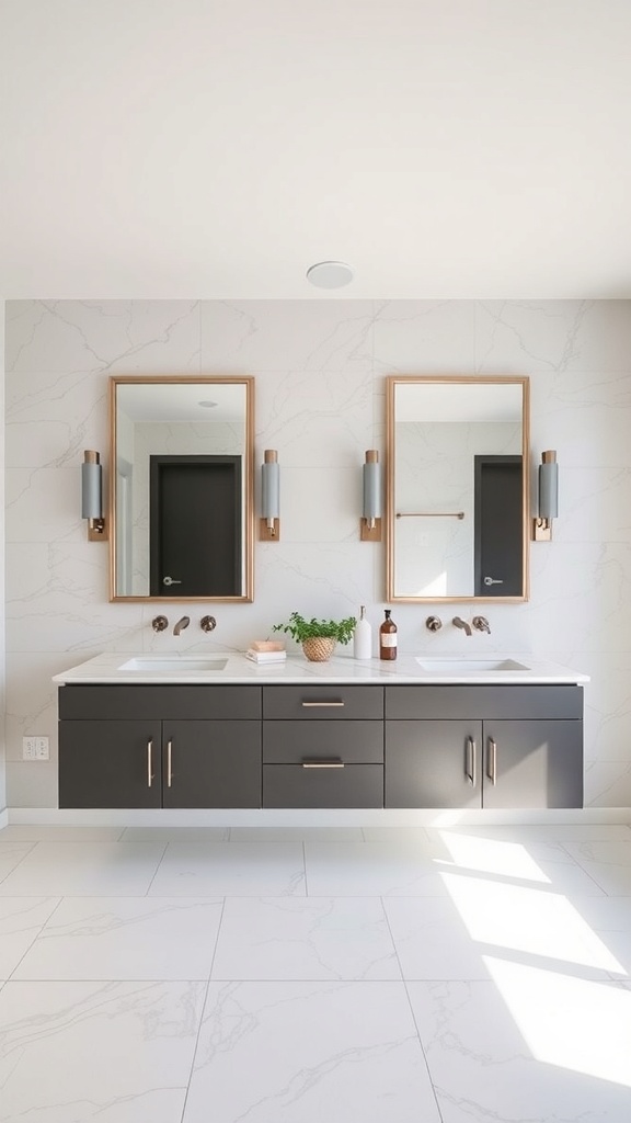 A modern bathroom featuring a dual-sink arrangement with stylish mirrors and lighting.