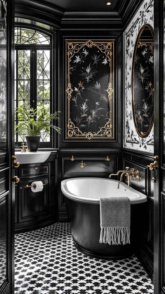 A stylish black and white bathroom featuring a round bathtub, a modern sink, and elegant lighting.